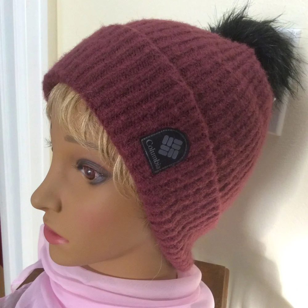 Columbia Faux Fur Pompom Knit Cuff Beanie OS
